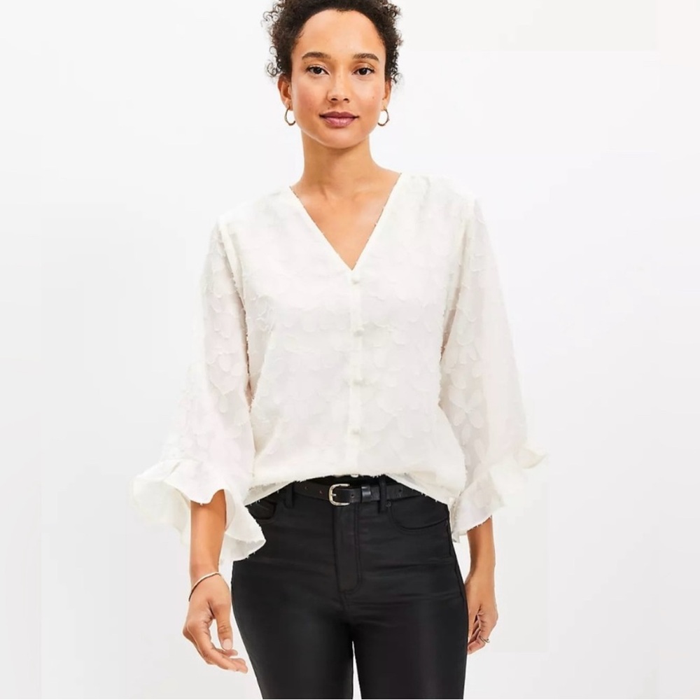 Loft V Neck Ruffle Cuff‎ Off White Ivory Floral Embroidered Textured Blouse